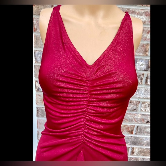 Y2K Red Burgundy Gold Sparkle Stretchy Salsa Ruffle Dress - Picture 3 of 7
